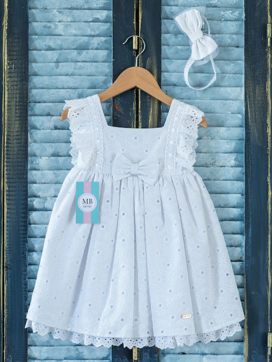 Mak Alb Set de Haine de Botez cu Accesorii pentru păr & Rochie din Dantelă 2buc