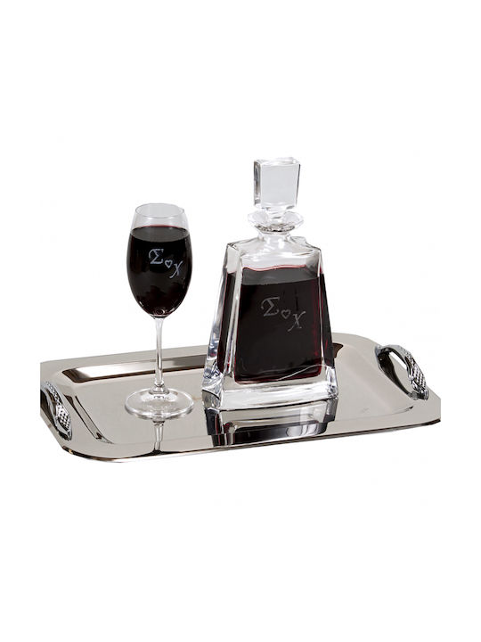 Novaker Glass / Metallic Wedding Set with Decanter & Wine Glass on Tray Silver 3pcs