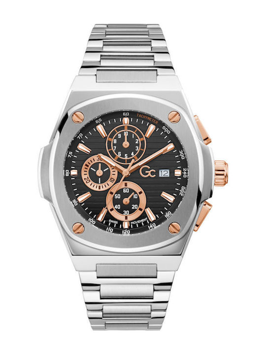 GC Watches Ανδρικό Ρολόι 44mm Χρονογράφος Μπαταρίας με Ασημί Μεταλλικό Μπρασελέ
