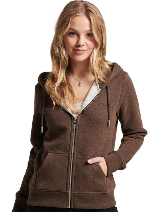 Superdry Γυναικεία Ζακέτα Φούτερ με Κουκούλα Καφέ