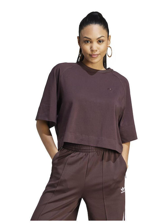 Adidas Essentials Damen Bluse Baumwoll Kurzärmelig Braun