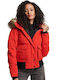 Superdry Ovin Everest Women's Short Puffer Jacket for Winter with Hood Red