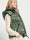 Women's Short Puffer Jacket for Winter with Hood Green