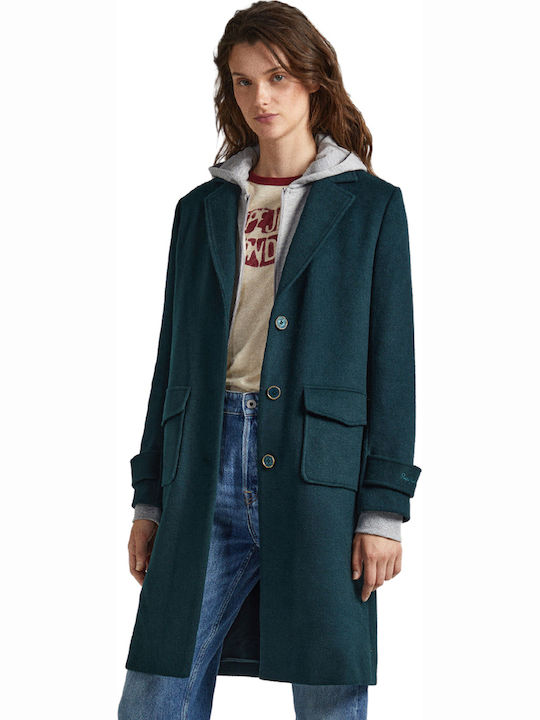 Pepe Jeans Nica Γυναικείο Πράσινο Παλτό με Κουμπιά