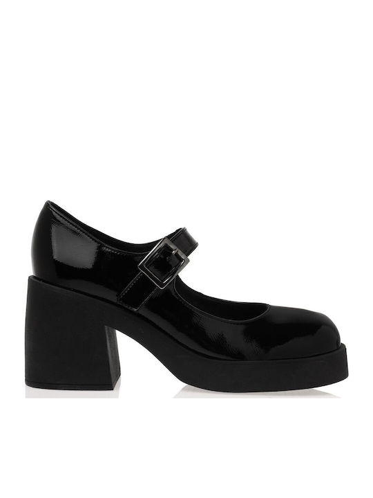 Synthetic Leather Black Heels with Strap