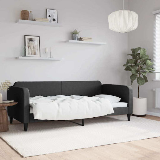Sofa Bett Einzelbett Mit Stoff bezogen Schwarz mit Latten für Matratze 90x200cm