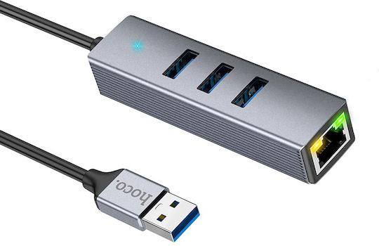 Hoco Easy Link Hb34 USB Хъб с 3 USB 3.0 Порта и USB-A / Ethernet Сив