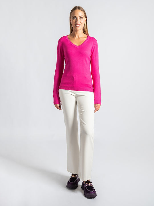 InShoes Women's Long Sleeve Pullover with V Neck Fuchsia