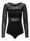 Long Sleeve Bodysuit with Mesh Slim Fit Black