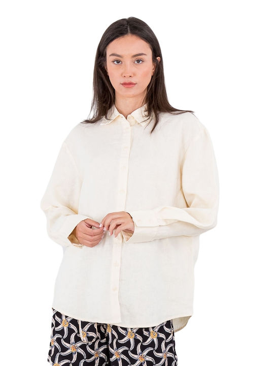 Na-Kd Oversided Linen Shirt Women's Linen Monochrome Long Sleeve Shirt Beige