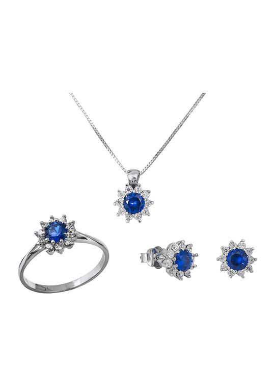 Set cu Colier , Cercei & Inel din Aur alb 14K cu Pietre