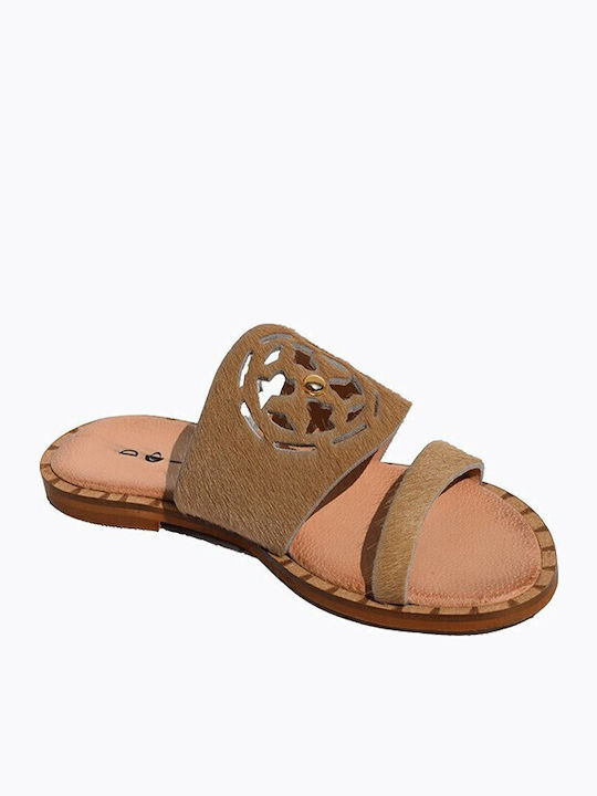 Dolce Leather Women's Flat Sandals in Beige Color