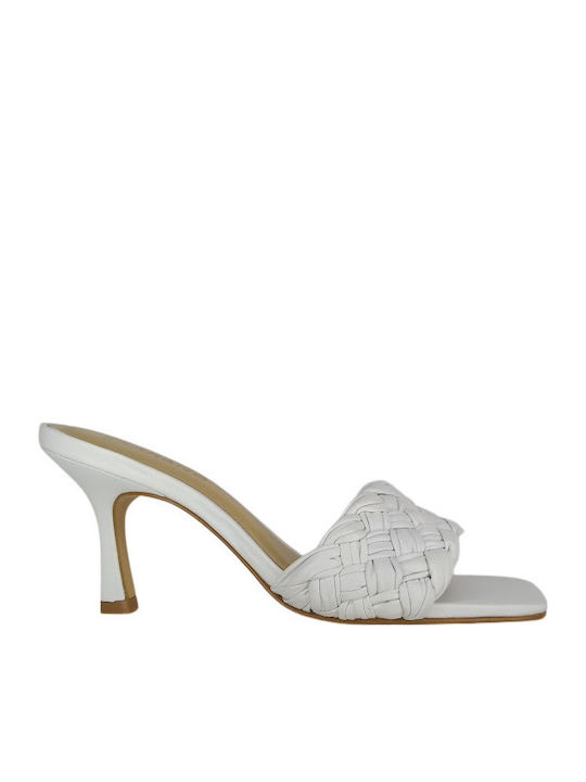 Leather Mules with Thin High Heel in White Color