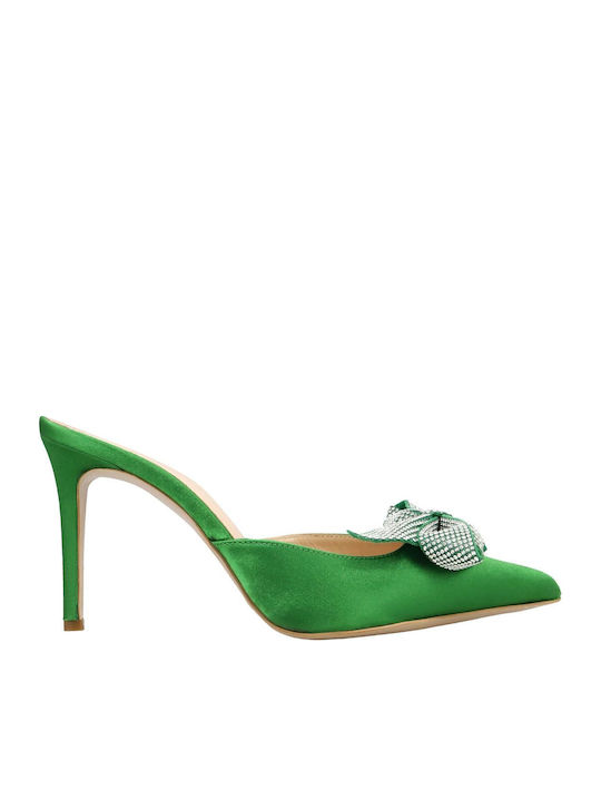 Satin Mules with Thin High Heel in Green Color