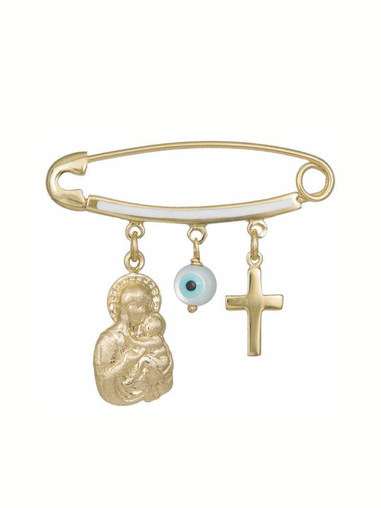 Child Safety Pin made of Gold 9K with Cross and Icon of the Virgin Mary