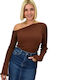 Damen Bluse Schulterfrei Langärmelig Braun