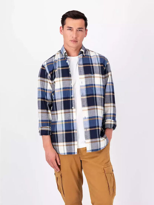 Long Sleeve Flannel Overshirt in Regular Fit Checked Navy Blue