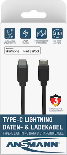 Ansmann USB-C Мъжки към Lightning Кабел 60W Черен 0.12m 1700-0106