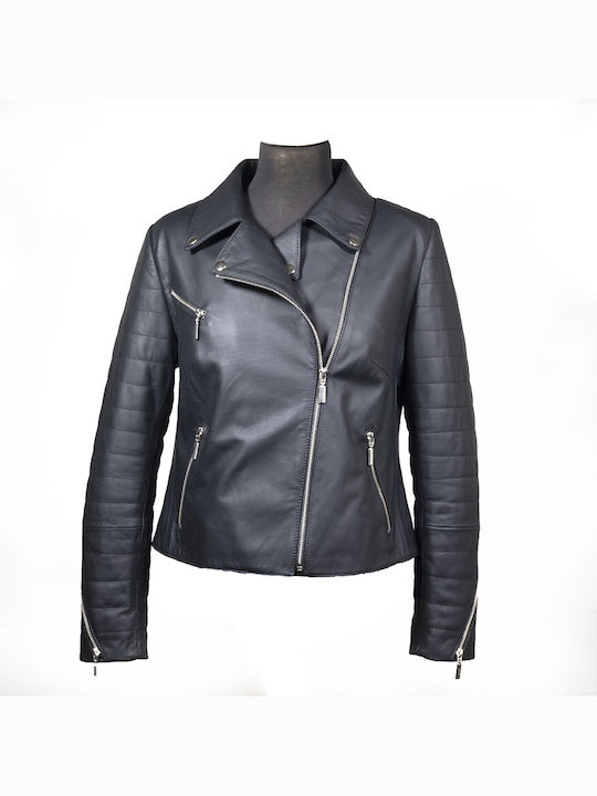 Ageridis Leather Κοντό Δερμάτινο Γυναικείο Μπουφάν για Χειμώνα Μαύρο