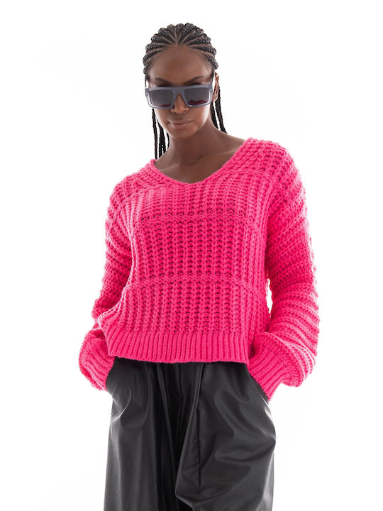 Vero Moda Women's Long Sleeve Sweater with V Neckline Fuchsia