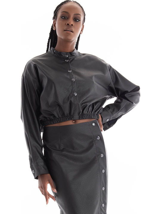 Women's Blouse Leather Long Sleeve Black