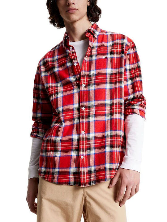 Tommy Hilfiger Men's Shirt Long Sleeve Denim Checked Red