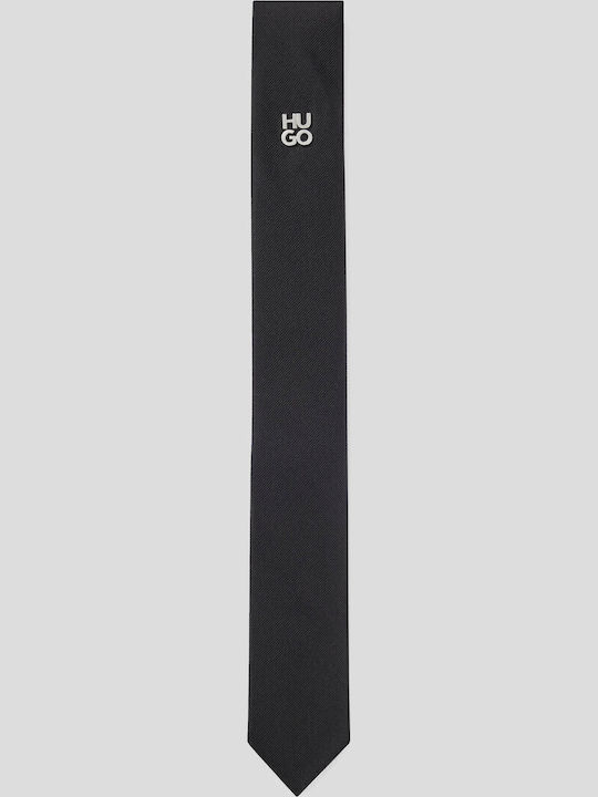 Hugo Metal Logo Ανδρική Γραβάτα Μεταξωτή Μονόχρωμη σε Μαύρο Χρώμα