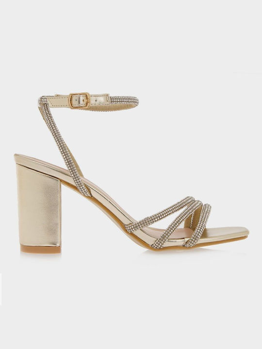 My Choice Synthetic Leather Women's Sandals with Strass & Ankle Strap Gold with Chunky High Heel
