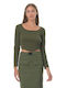 Sushi's Closet Damen Crop Top Langarm mit Rundhalsausschnitt Gestreift Khaki