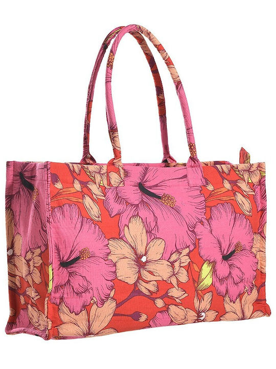 Inart Floral Fabric Beach Bag Pink