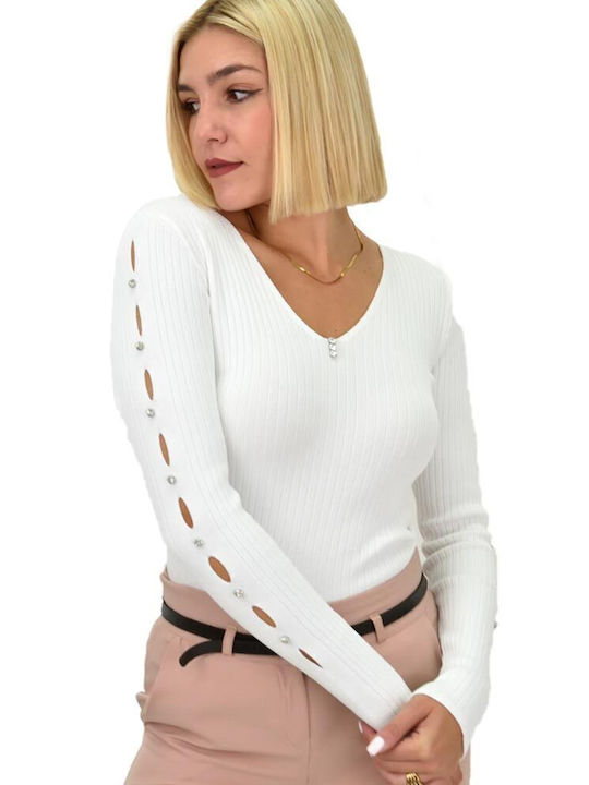 Potre Damen Langarm Pullover mit V-Ausschnitt Weiß