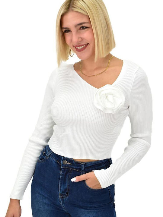 Potre Women's Long Sleeve Crop Pullover with V Neck Floral White
