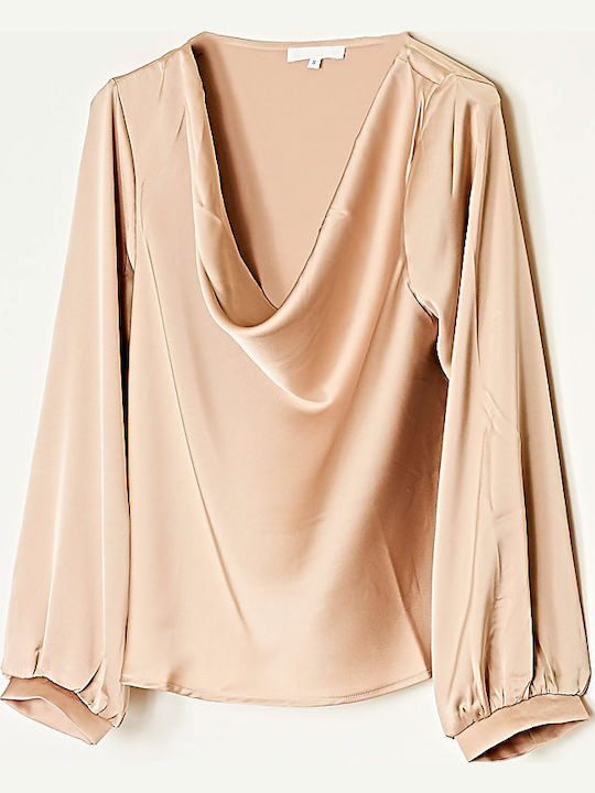 Women's Blouse Satin Long Sleeve Drape Beige