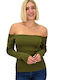Damen Bluse Schulterfrei Langärmelig Khaki