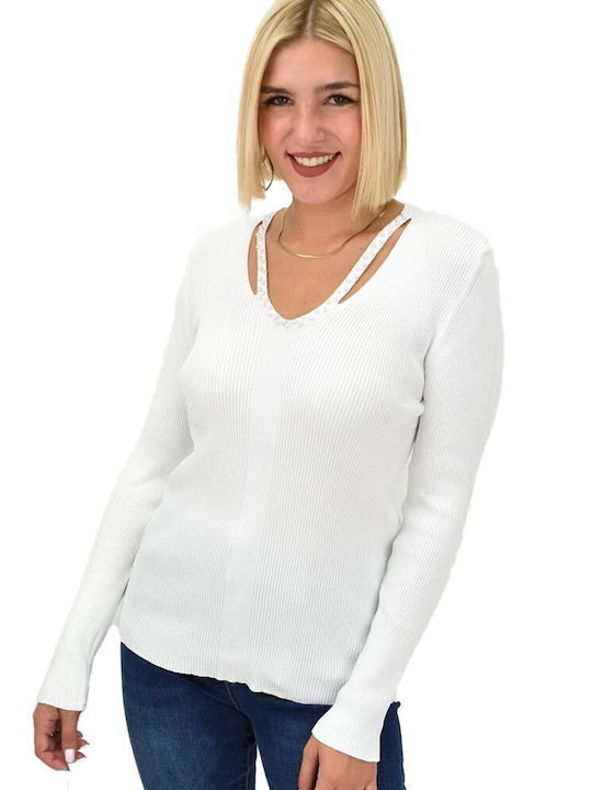 Potre Women's Crop Top Long Sleeve with V Neck White