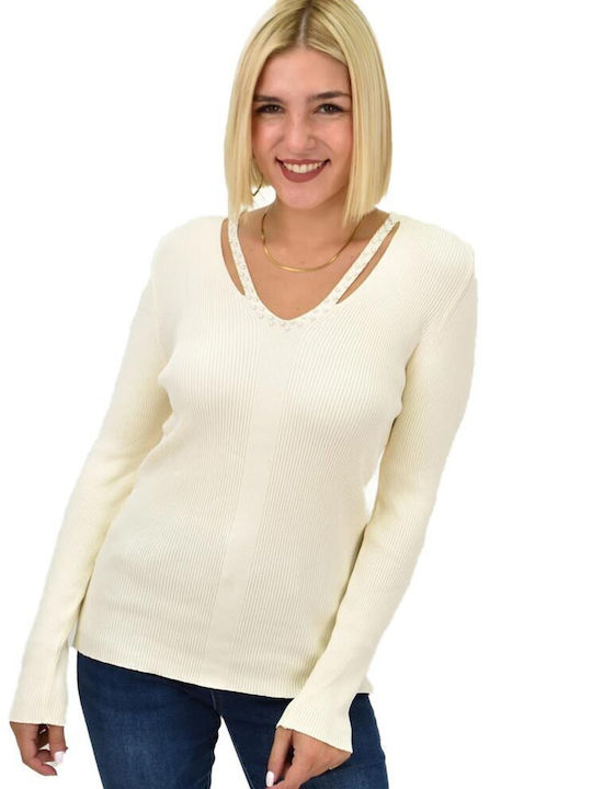 Potre Women's Crop Top Long Sleeve with V Neckline Beige