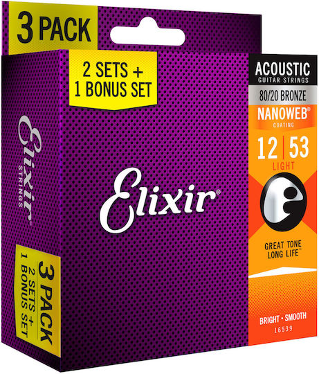 Elixir Nanoweb Σετ Χορδών 80/20 Bronze Ακουστικής Κιθάρας 12 - 53"