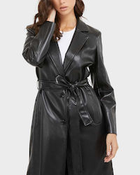 Guess Women's Leather Midi Coat with Buttons Black
