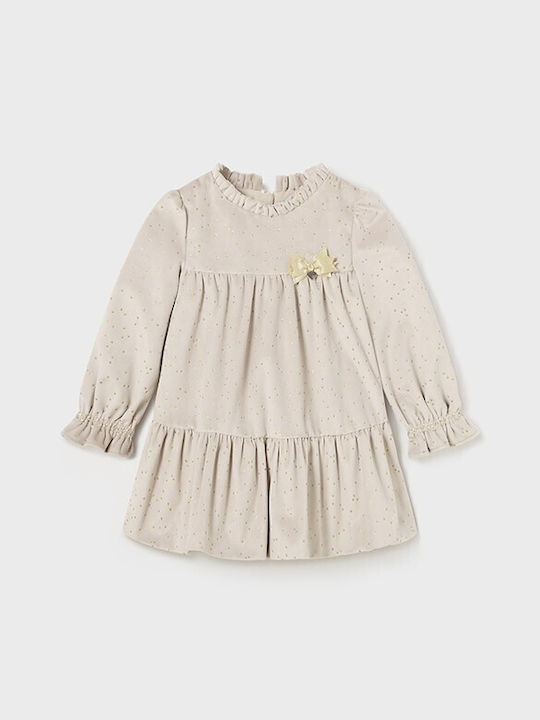 Mayoral Kids Dress Velvet Long Sleeve Beige