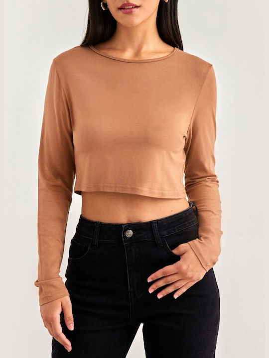 Noobass Women's Crop Top Long Sleeve Brown