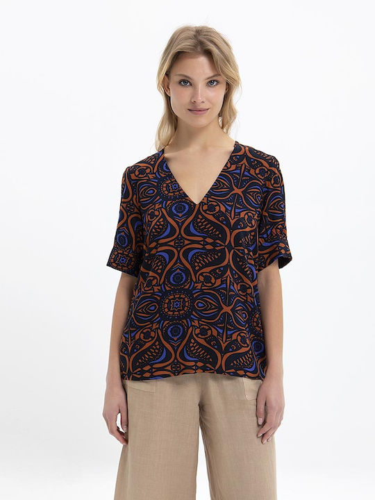 La Fee Maraboutee Women's Blouse Short Sleeve with V Neckline Blue