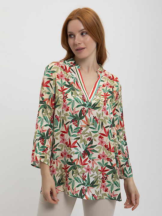Laura Donini Damen Bluse Langärmelig mit V-Ausschnitt Blumen Mehrfarbig