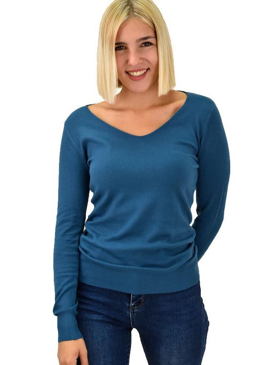 Potre Damen Langarm Pullover mit V-Ausschnitt Blau