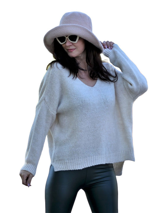Mohicans Black Line Women's Long Sleeve Sweater with V Neckline Beige