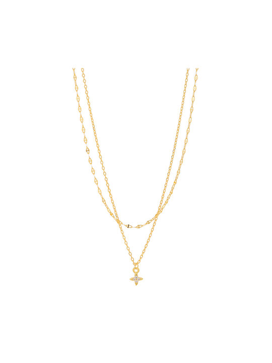 Prince Silvero Halskette Doppelter mit Design Stern aus Vergoldet Silber mit Zirkonia