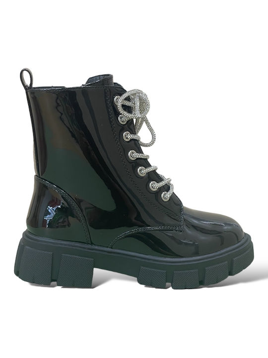 Exe Kids Patent Leather Anatomic Military Boots with Lace Black