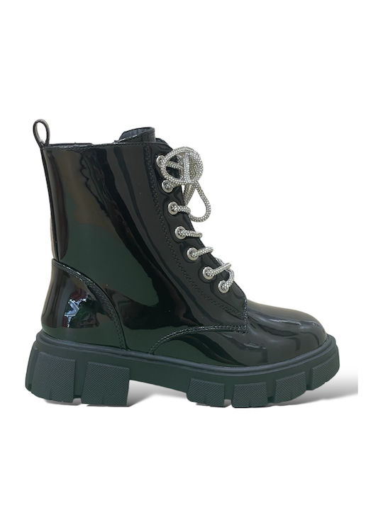 Anatomisch Kinderstiefel aus Lackleder mit Schnürsenkeln Schwarz