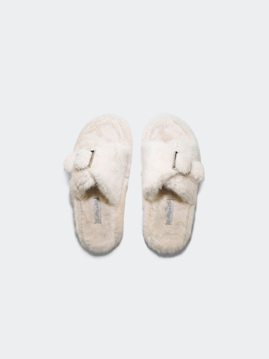 Flip Flop Χειμερινές Γυναικείες Παντόφλες με γούνα σε Μπεζ Χρώμα