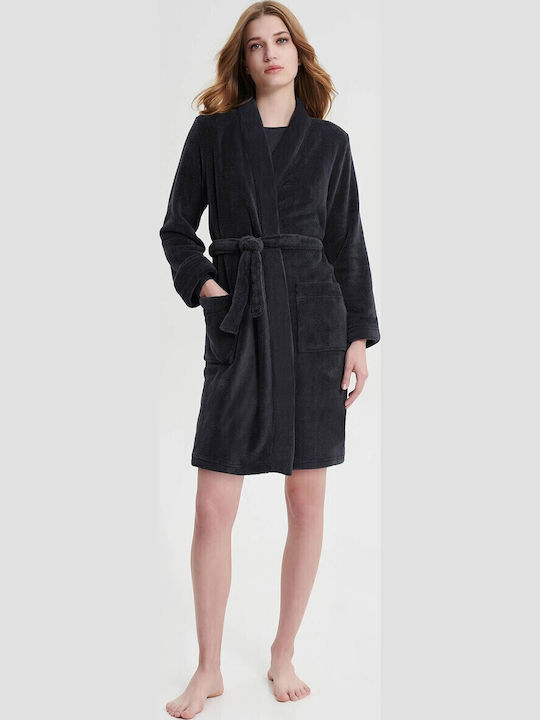 Vamp Χειμερινή Γυναικεία Fleece Ρόμπα Γκρι