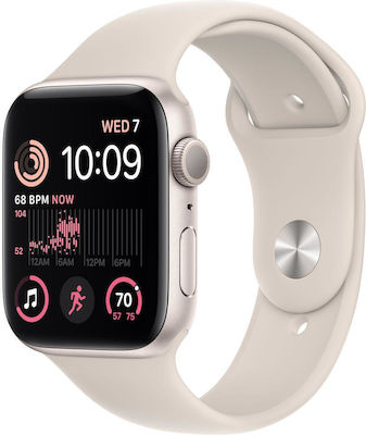 Apple Watch SE 2023 Aluminium 44mm Waterproof with Heart Rate Monitor (Starlight with Starlight Sport Band (S/M))